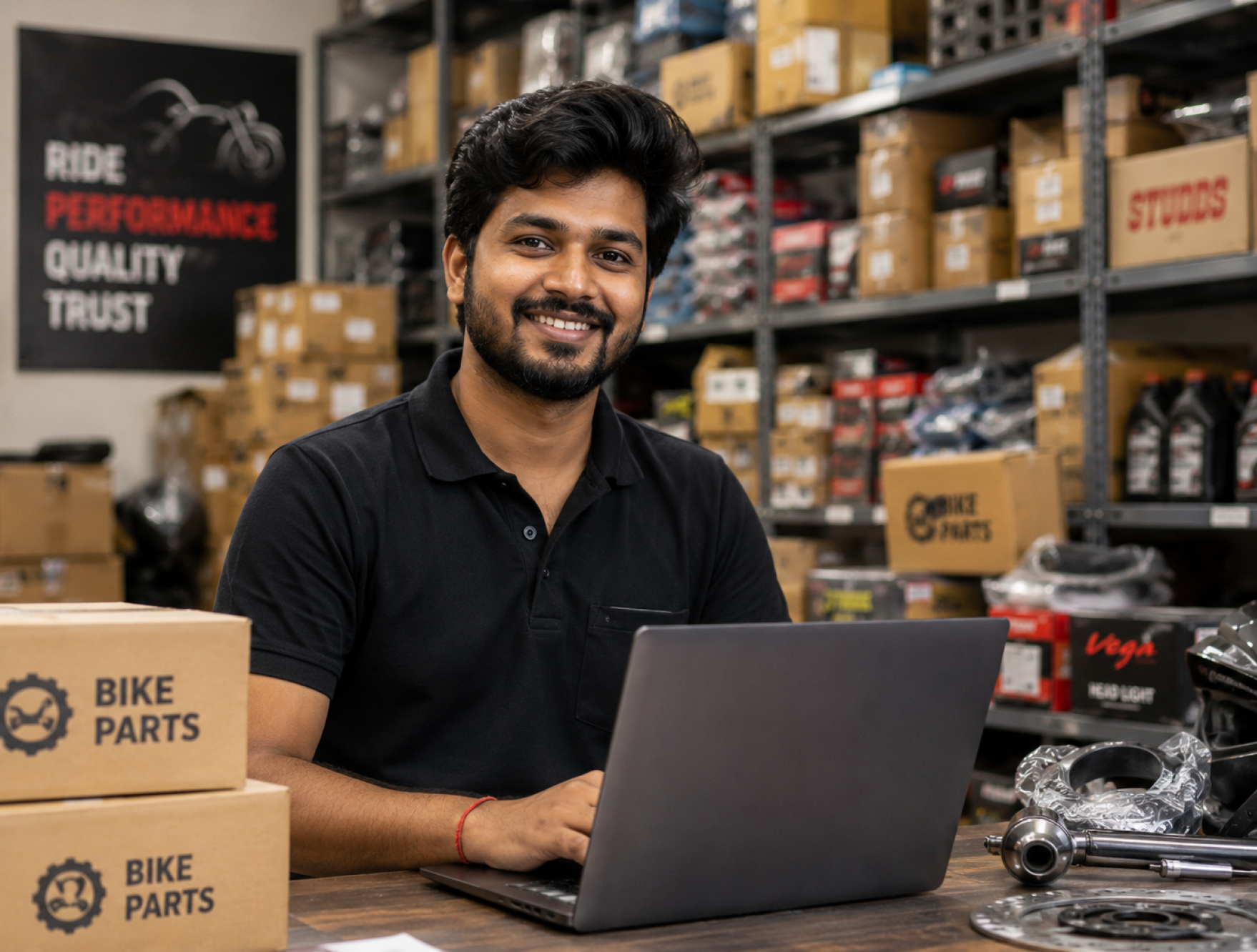 Seller packing motorcycle helmets and accessories for online orders