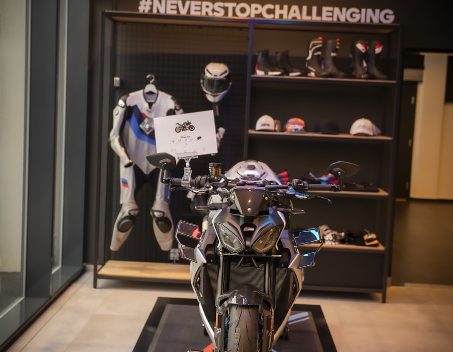 Local Indian motorcycle workshop with shelves of helmets and gear